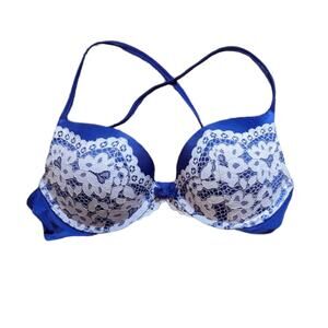 Victoria's Secret Very Sexy Push-up Lace Trim 32C Navy Blue Pale Pink